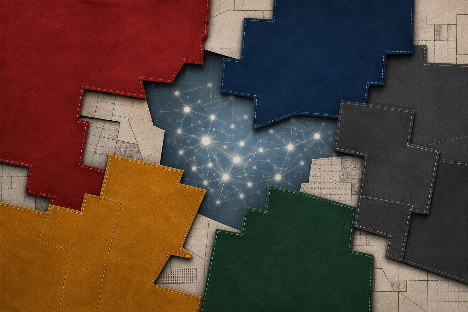 Fragmented patchwork of overlapping US legal authorities over a faint neural-network pattern