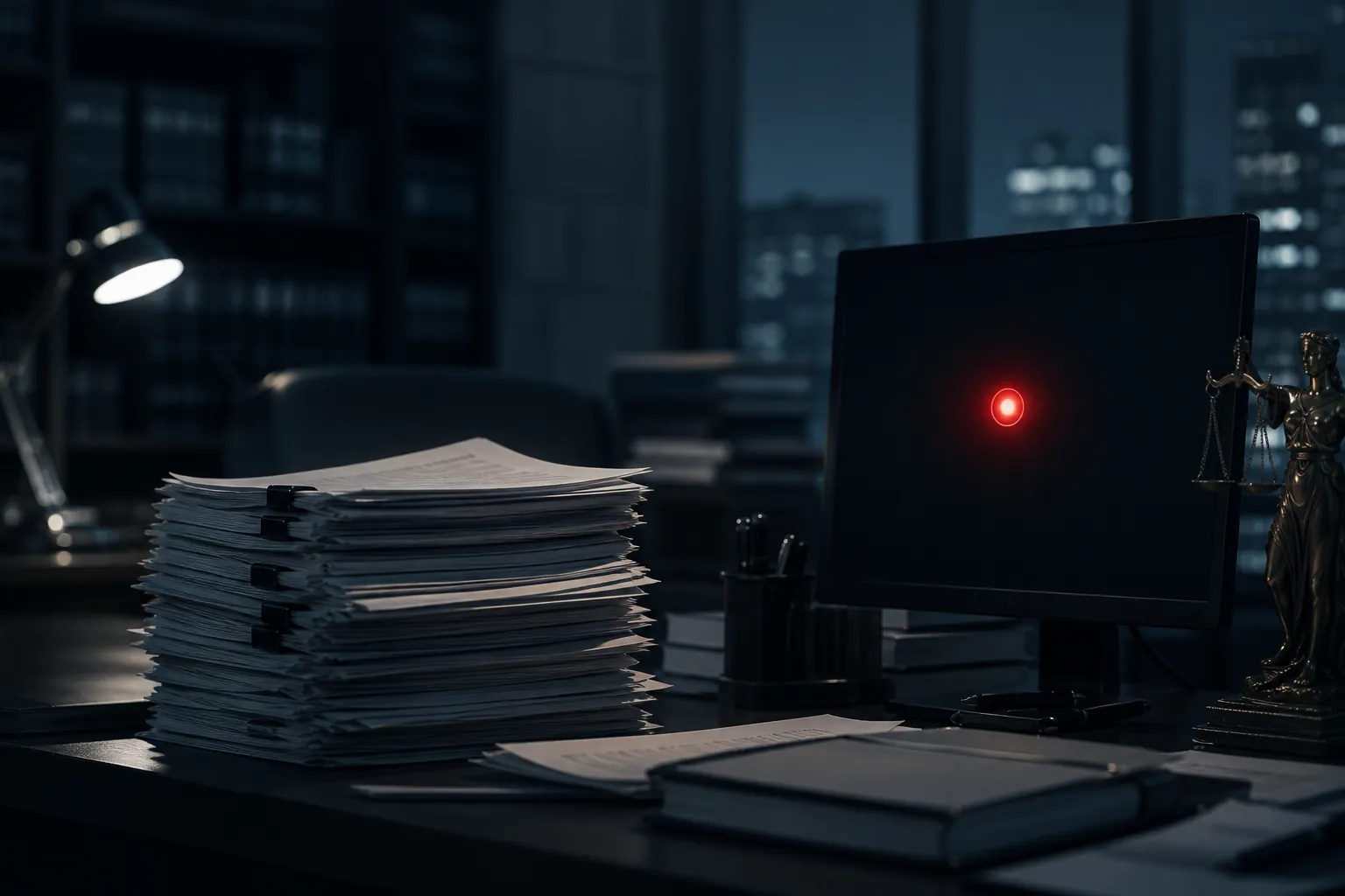 A lawyer's desk at night with emergency filing documents beside a monitor showing a red status light