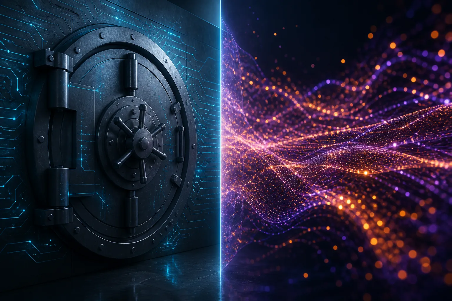 Vault door with circuit patterns contrasted with a stream of luminous data particles