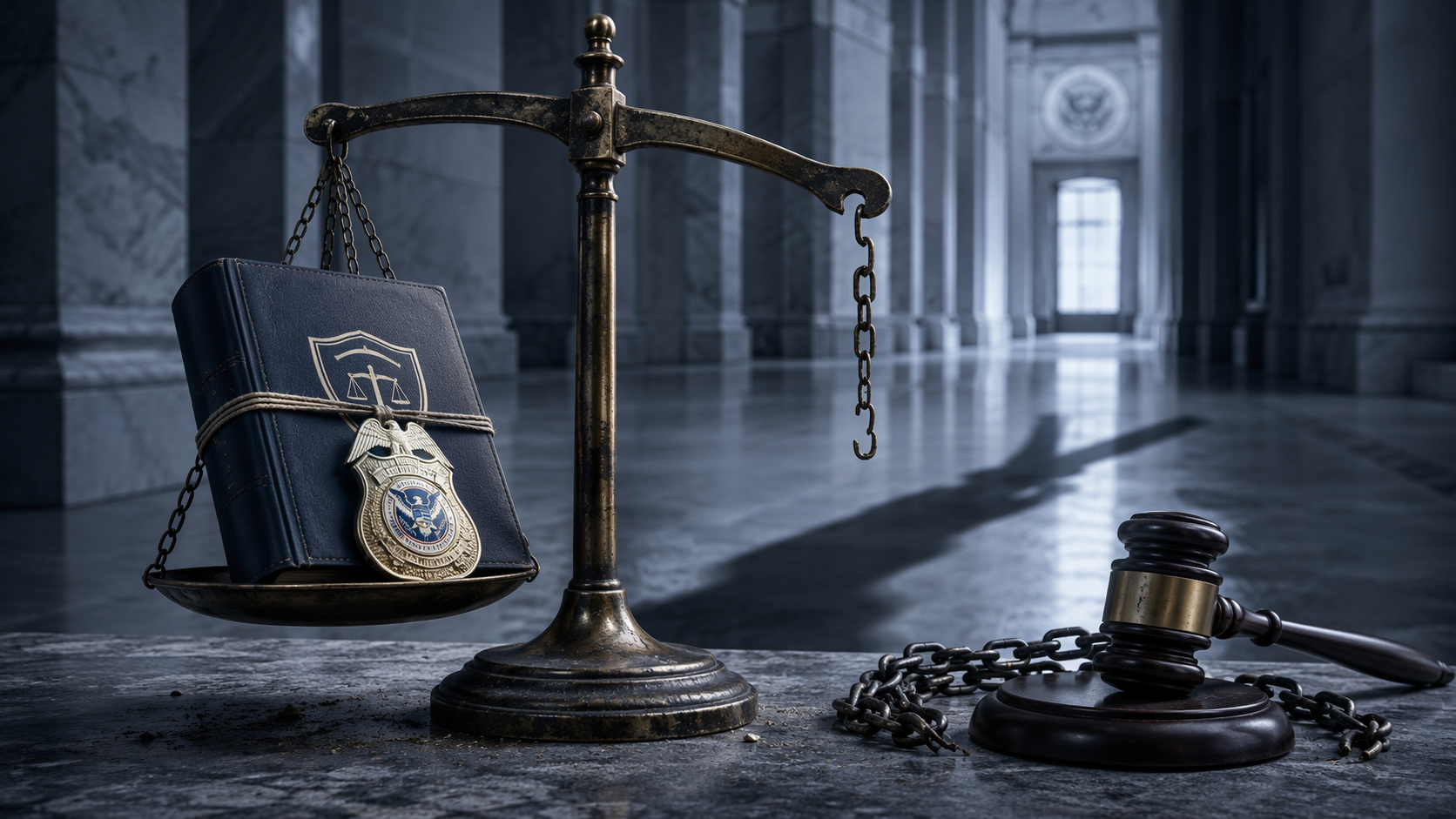 DHS badge, use-of-force policy document, broken scale of justice, gavel, and severed chains in a courthouse hallway