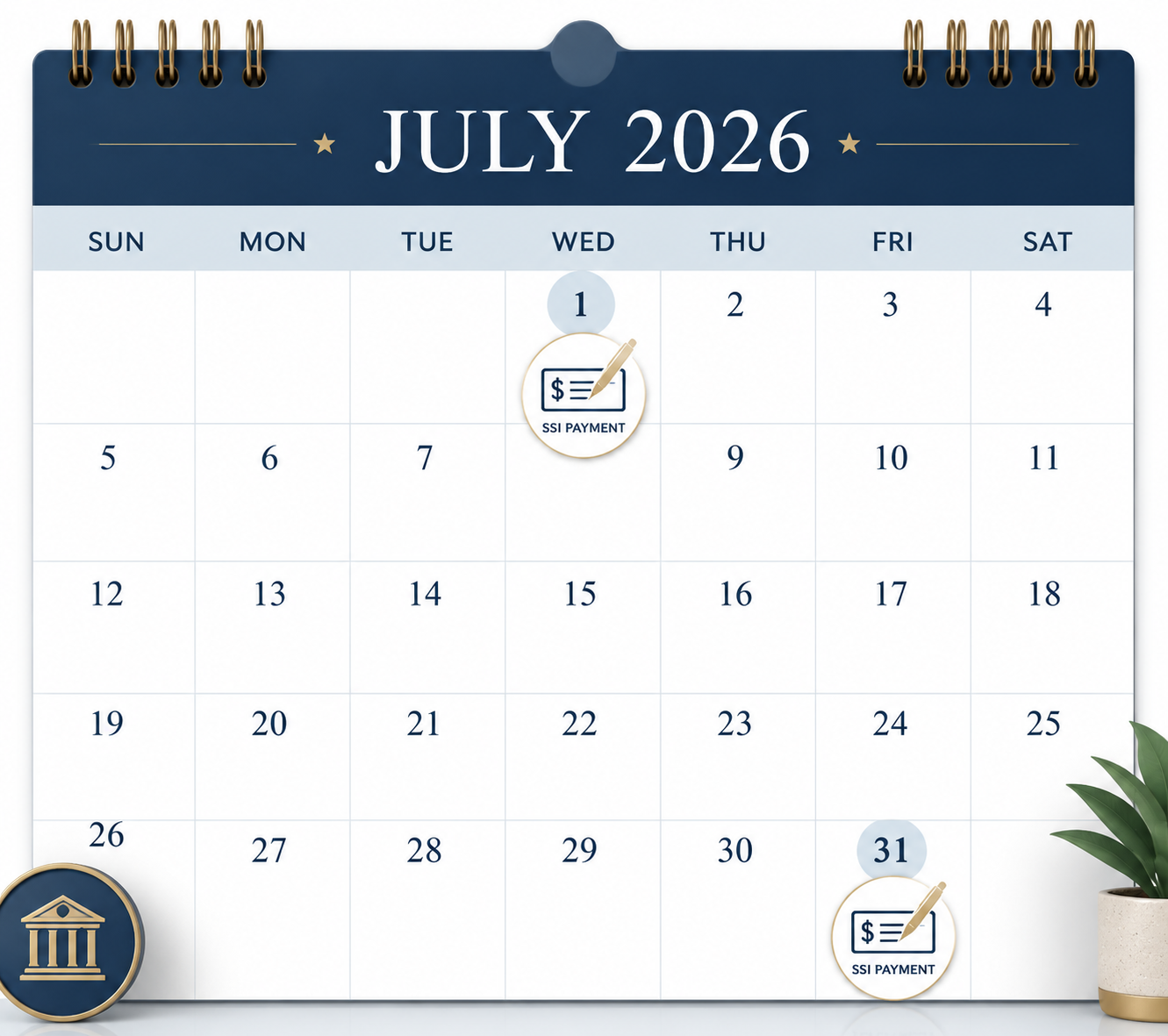 July 2026 calendar highlighting SSI payments on July 1 and July 31