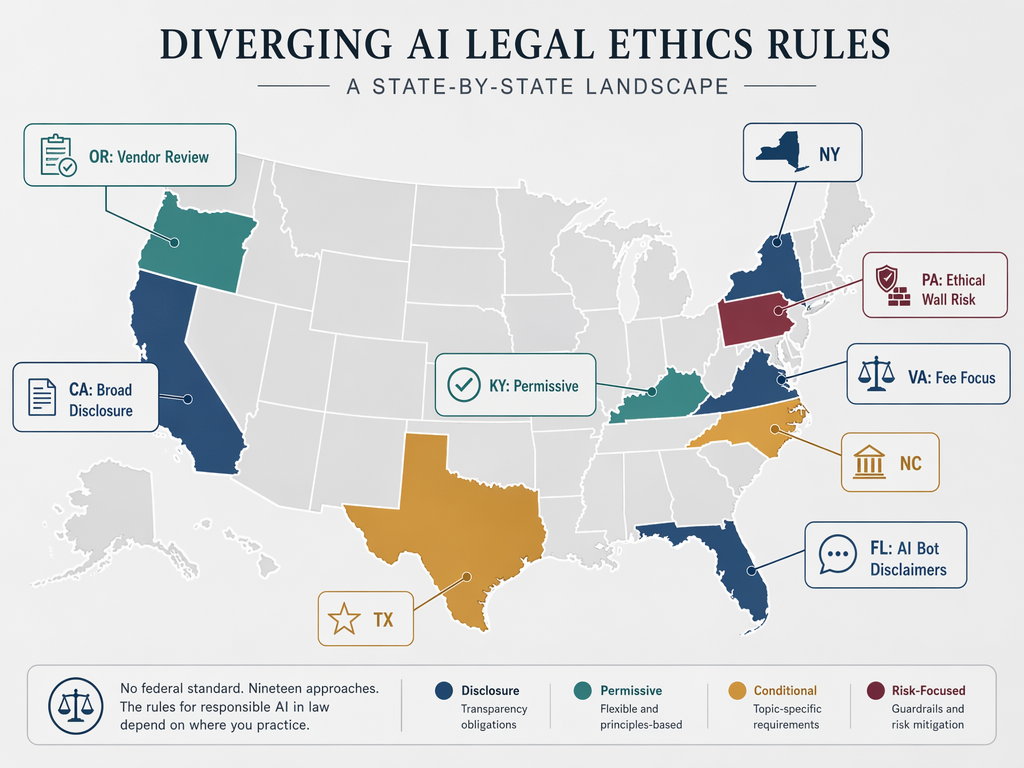 Simplified outline map of the United States with highlighted states and floating label nodes indicating differing state AI ethics positions.