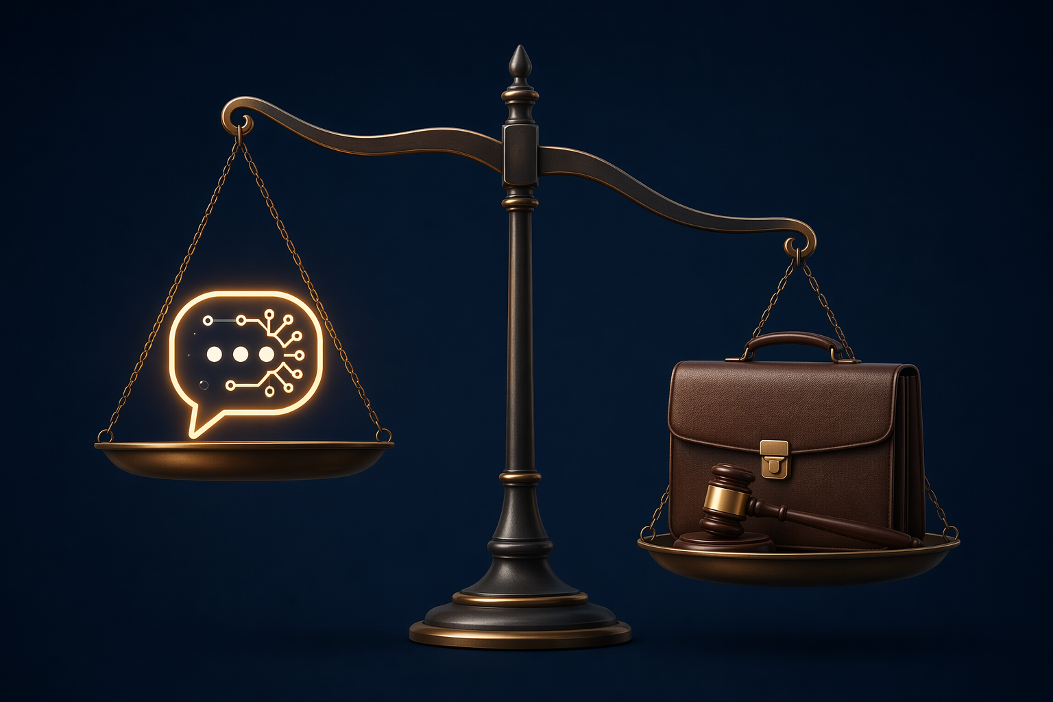 A balance scale with an AI chat icon on one side and a lawyer's briefcase and gavel on the other, tilting slightly toward the traditional side.