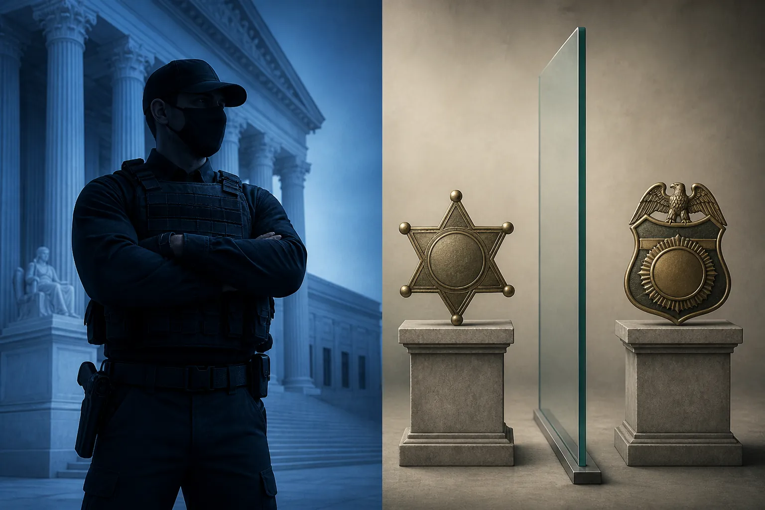 Split illustration of a masked federal agent near courthouse columns and separated sheriff and federal badges on stone pedestals