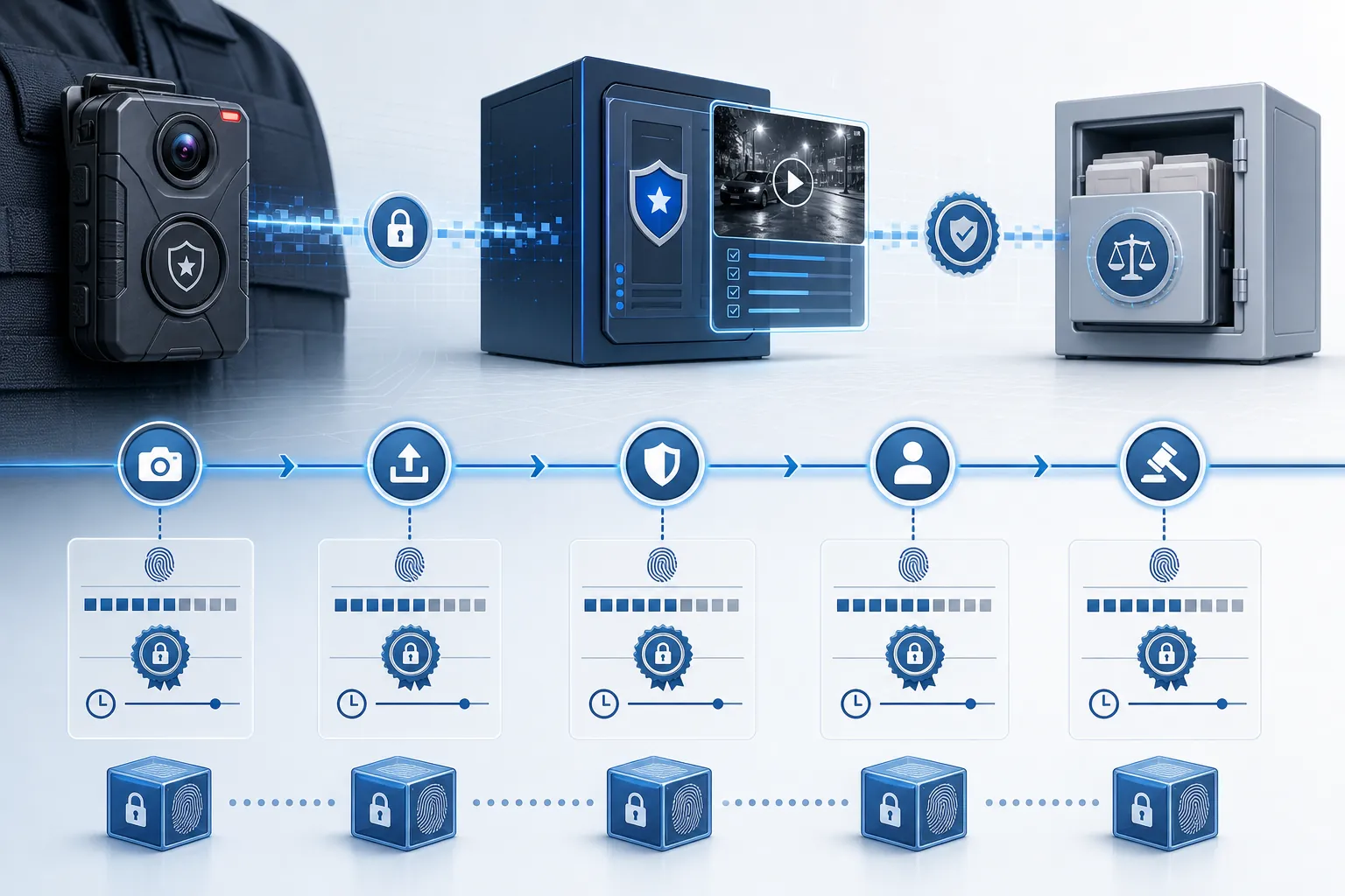 Digital chain-of-custody timeline showing hash verification from body camera to evidence system