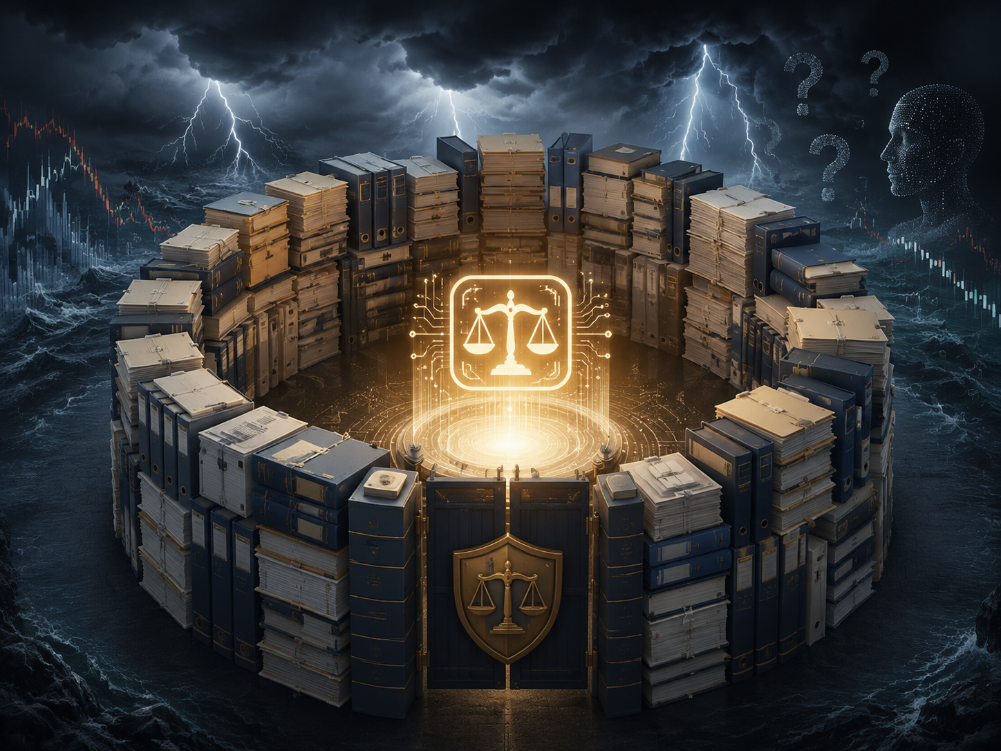 Legal archives and case files forming a protective wall around an AI interface during market volatility