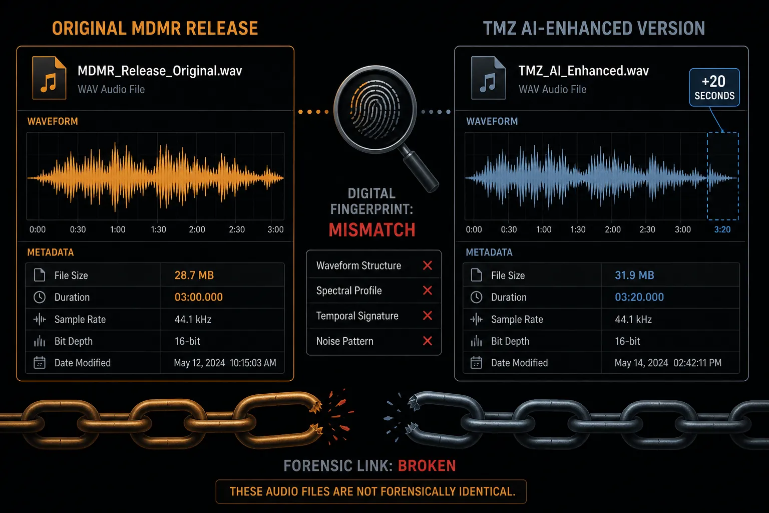 Side-by-side forensic comparison of an original MDMR audio release and a TMZ AI-enhanced version with a 20-second difference and digital fingerprint mismatch