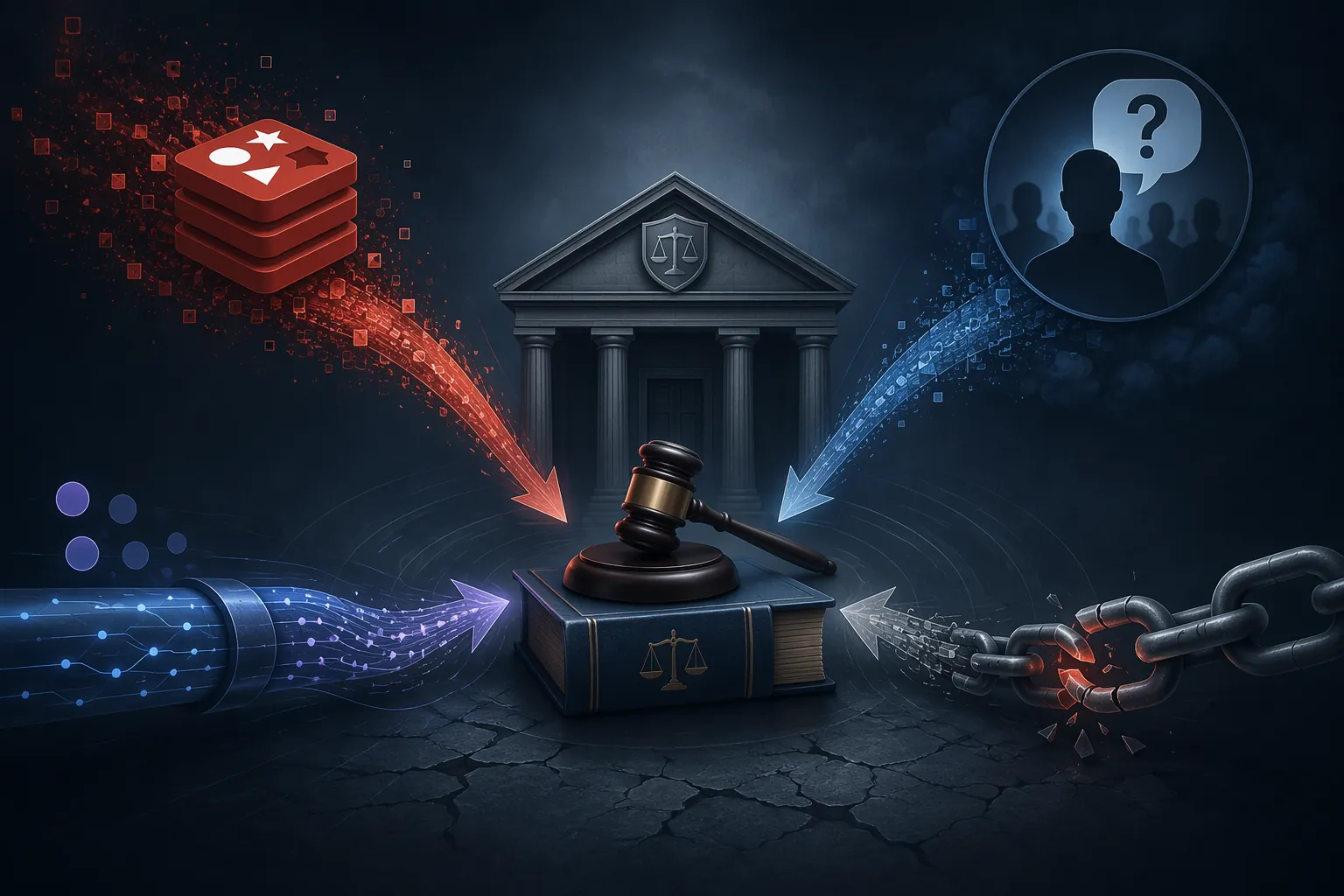 Four distinct breach vectors approaching a law book and gavel