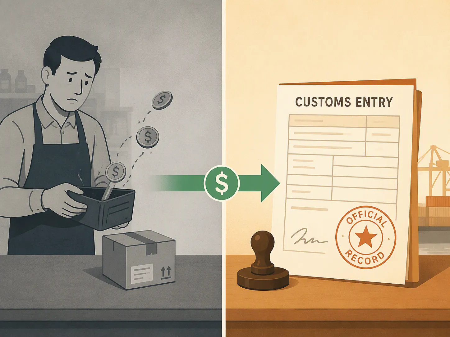 Split illustration showing a merchant who economically absorbed duty on one side and an importer of record customs entry receiving refund money on the other