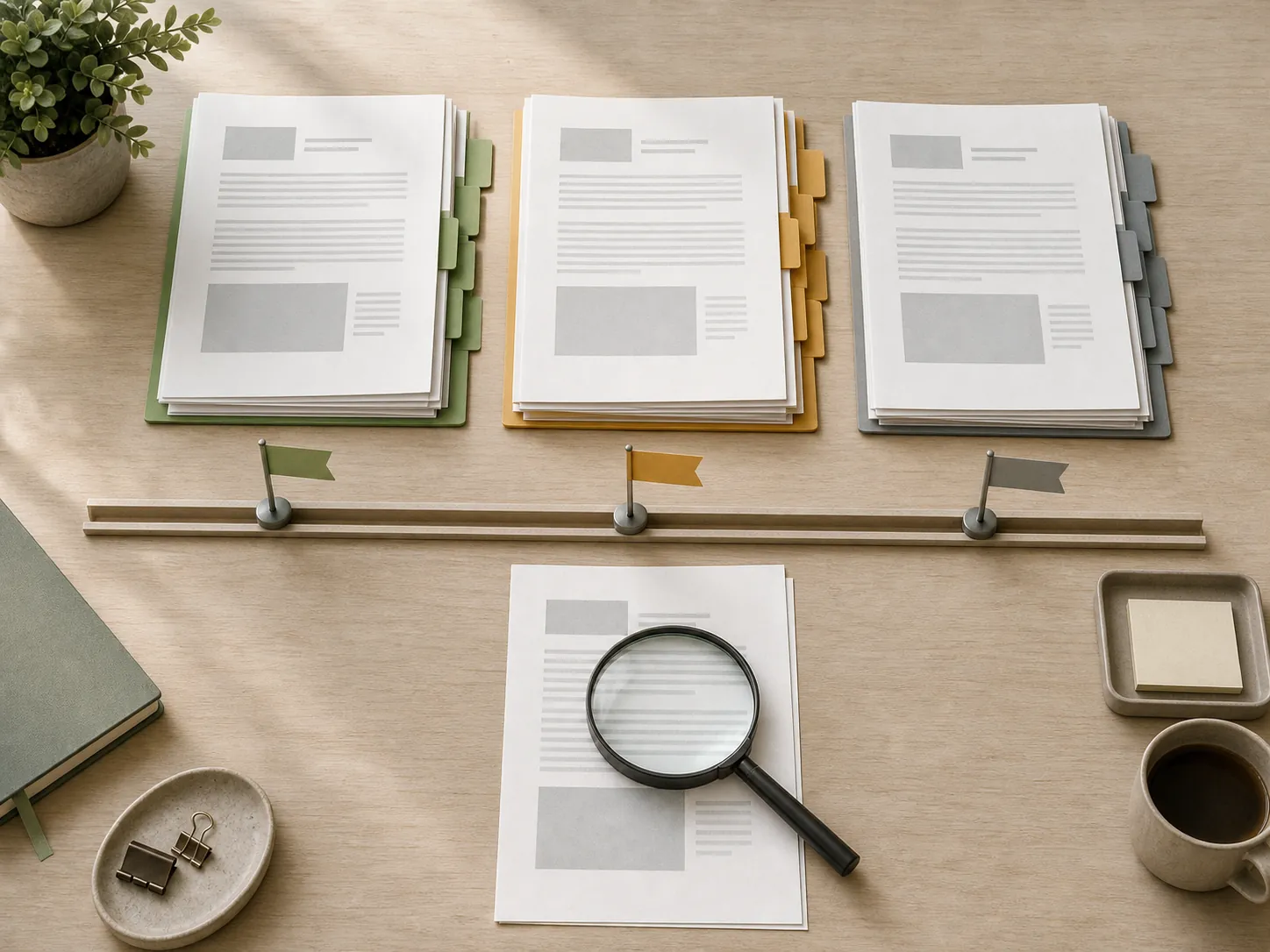 Documents sorted into color-coded stacks at a verification desk with a magnifying glass