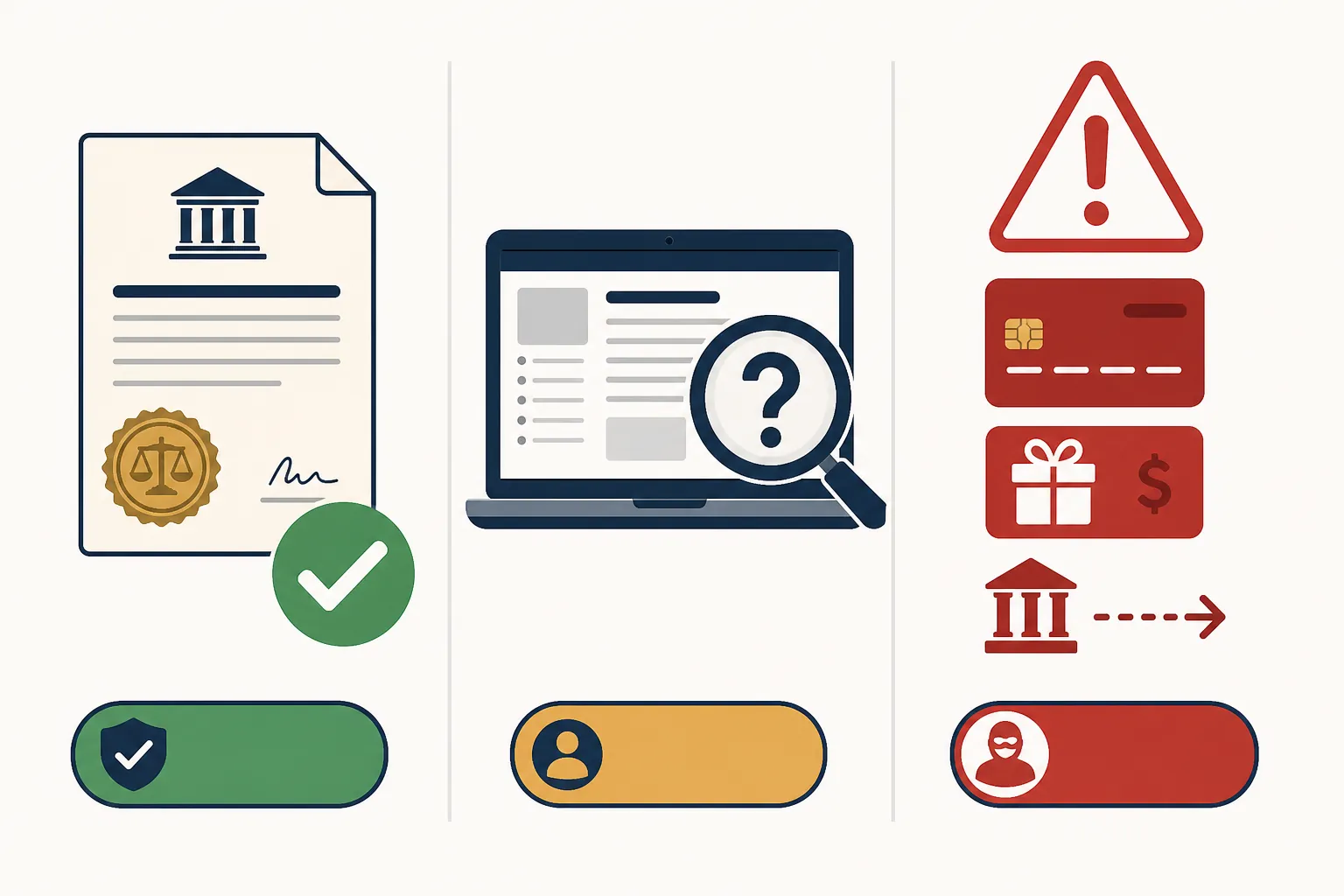Comparison of a verified record, an unverified lead, and a warrant-payment scam