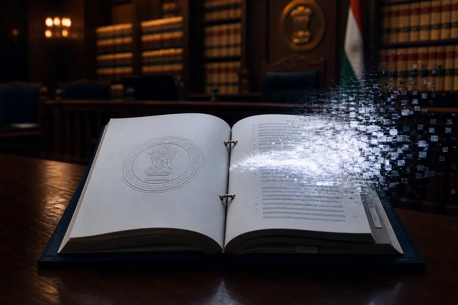 Open legal case file with a Supreme Court seal and a citation line dissolving into a digital glitch