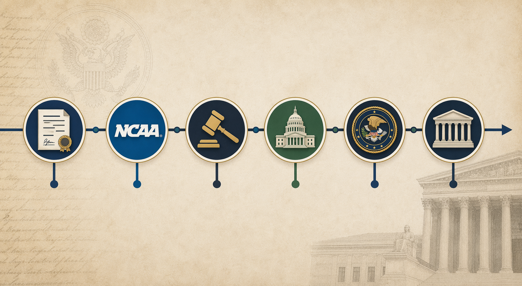 Timeline of executive, NCAA, judicial, state, DOJ, and Supreme Court actions over 18 months