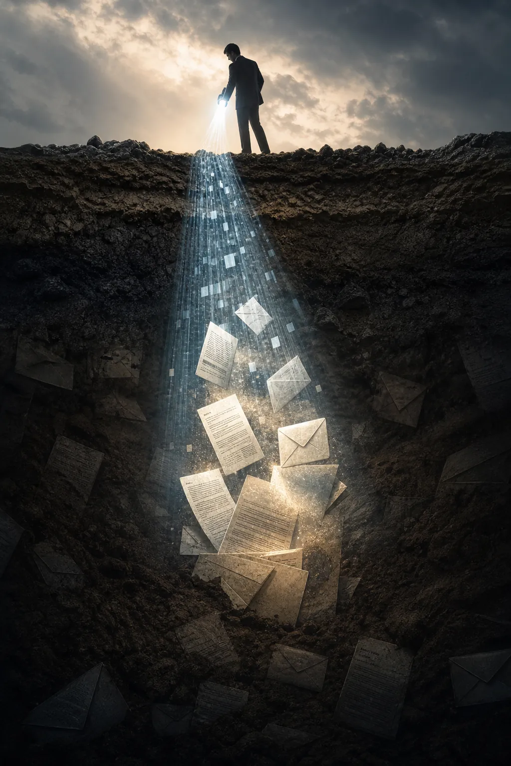 Buried document icons being pulled upward by a beam of light through layered sediment