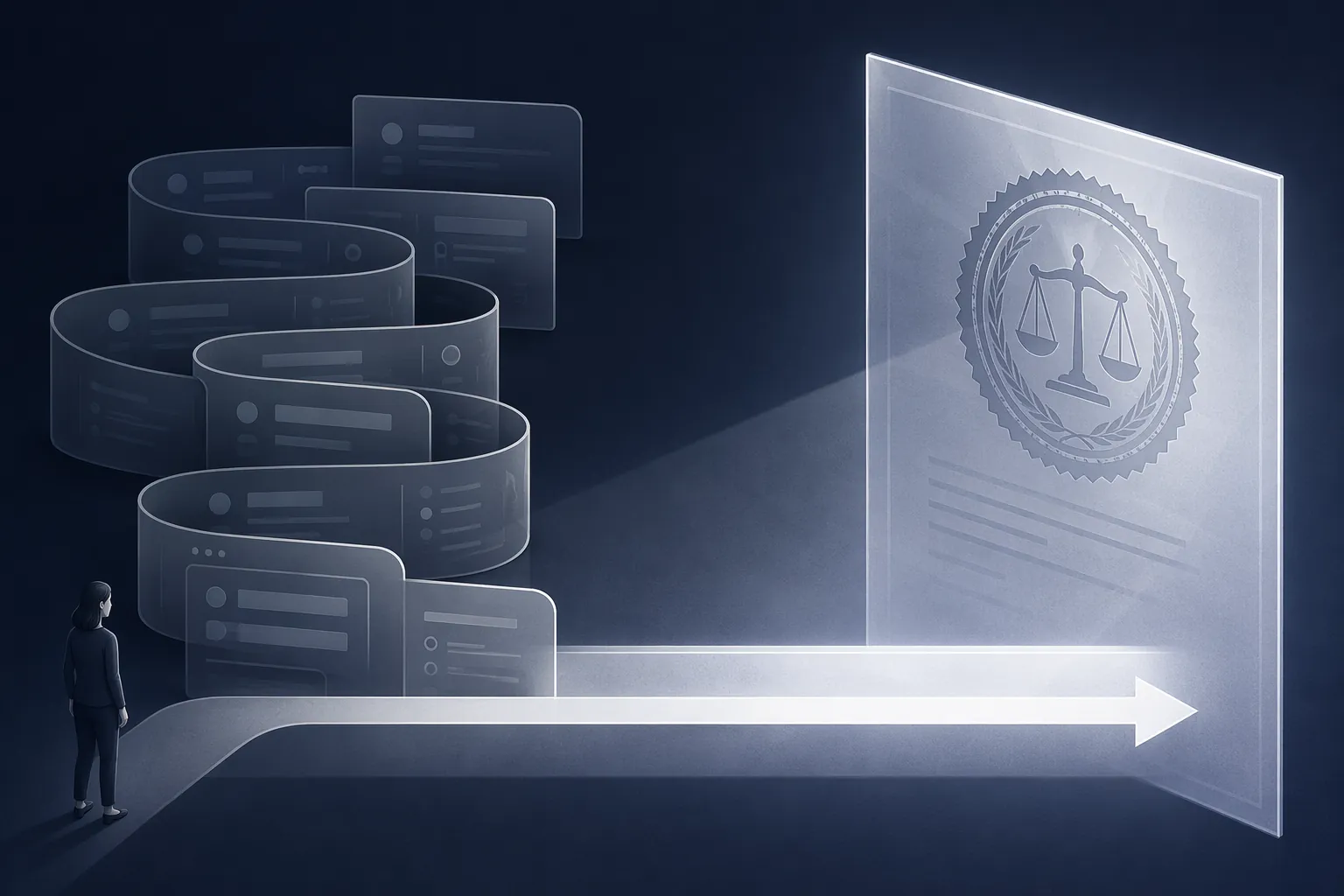 Editorial illustration of a winding digital cancellation maze being straightened by an enforcement shadow