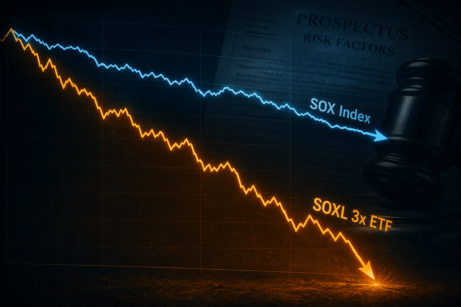 Diverging chart lines showing an index declining moderately while a 3x leveraged fund falls more steeply