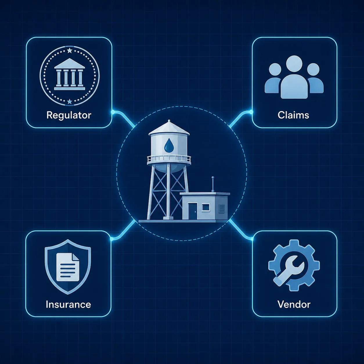 Blueprint-style diagram of a water utility with four legal pathways labeled regulator, claims, insurance, and vendor