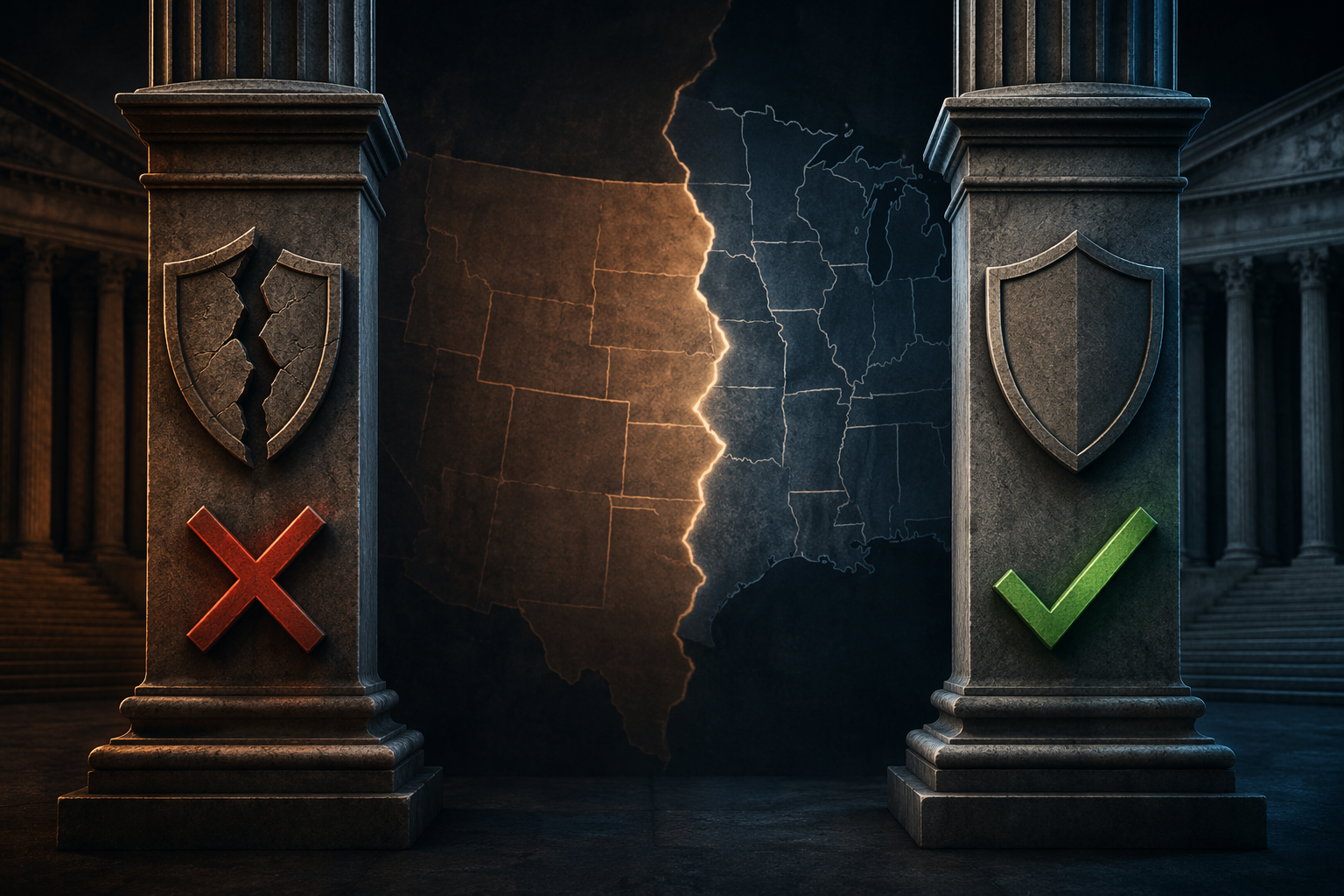 Two courthouse pillars showing a split between denied and protected AI privilege treatment