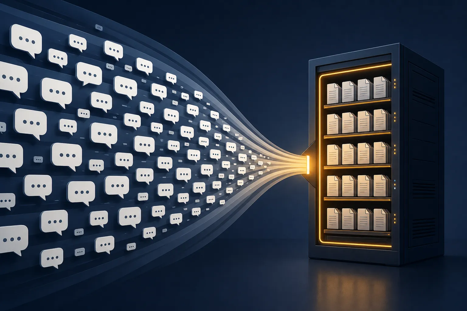 Chat bubbles funneling into a server database to represent a broad platform account-data demand