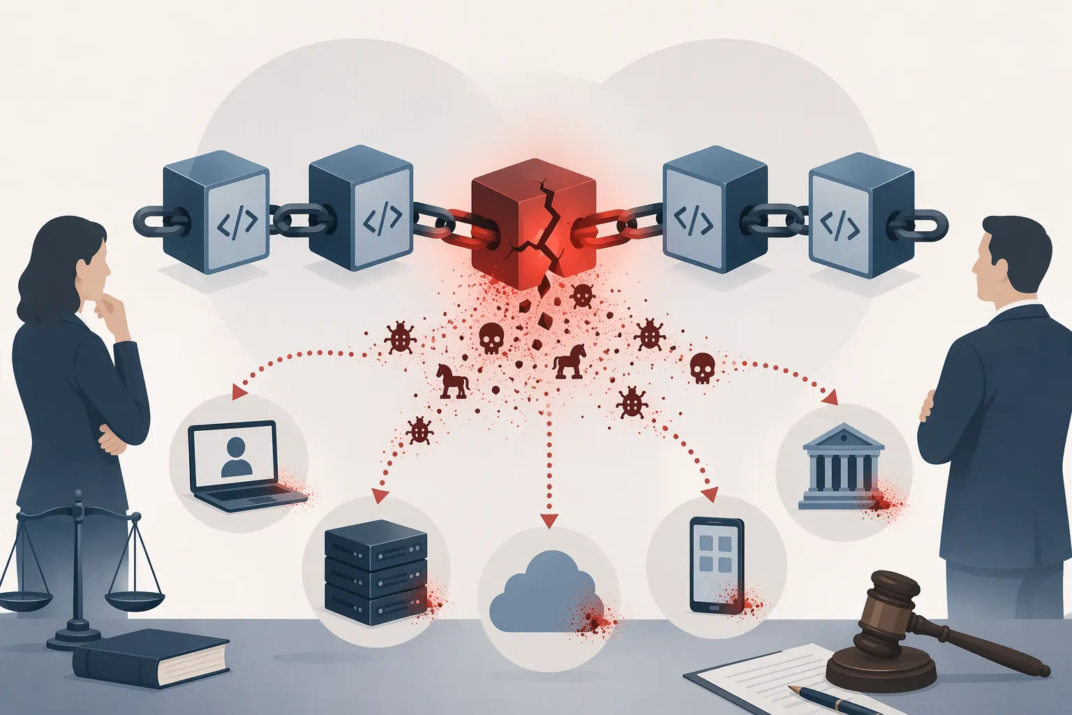 A cracked code package chain showing a compromised software dependency