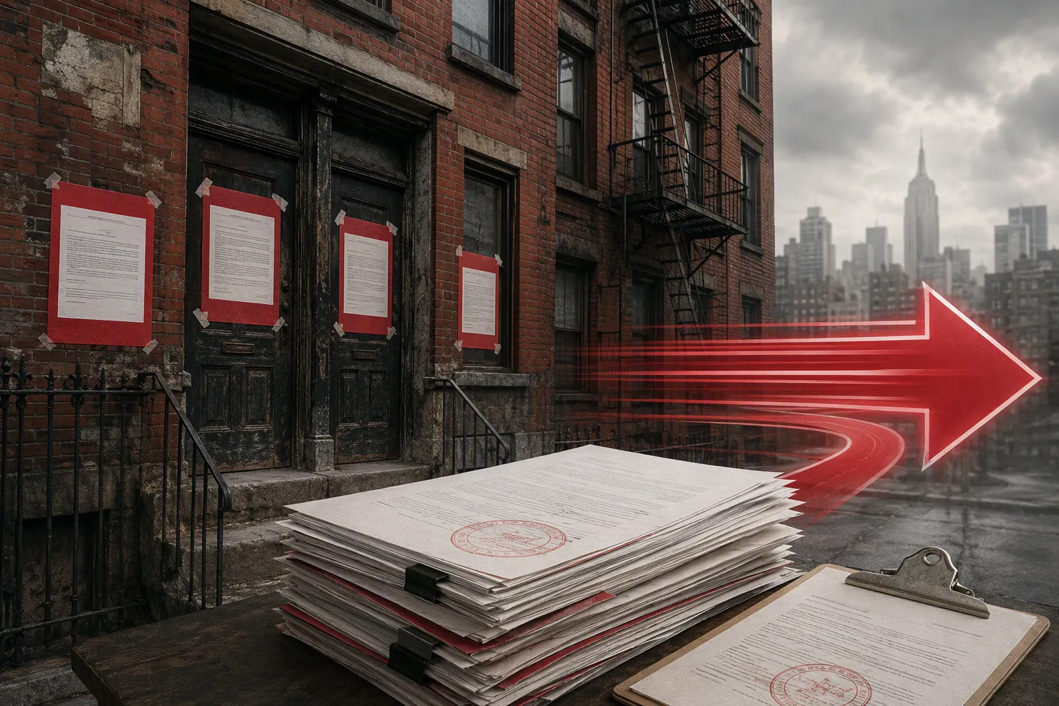 NYC tenement with vacate-order notices, court paperwork, and a priority fast-lane arrow