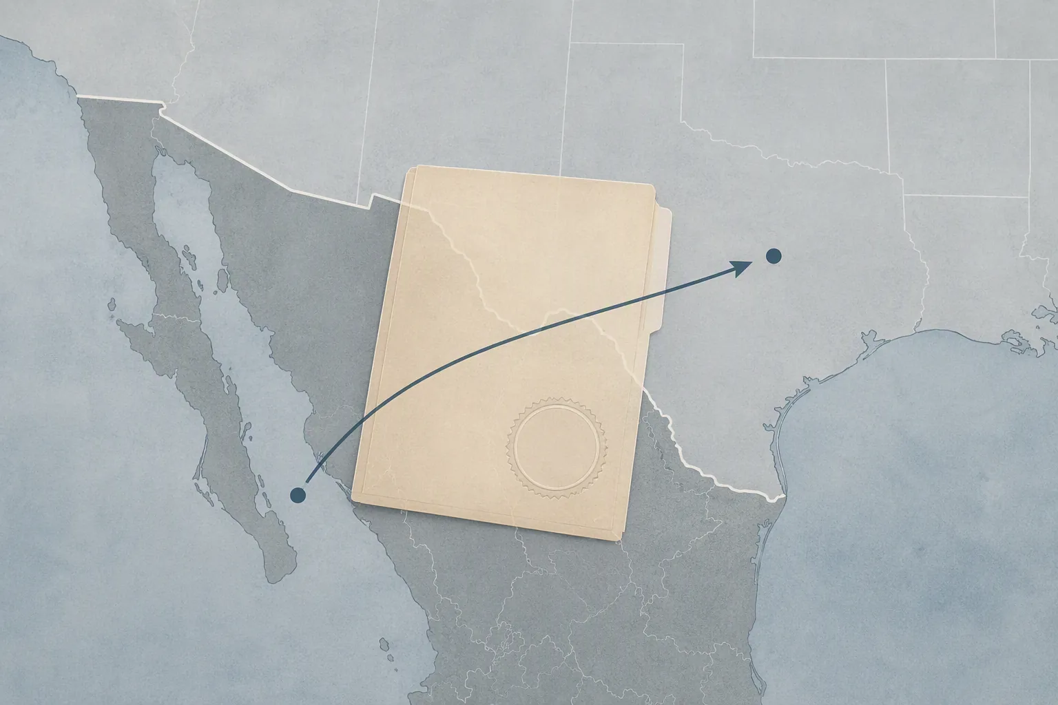 Mexico and United States border map fragment with a legal document crossing the border line