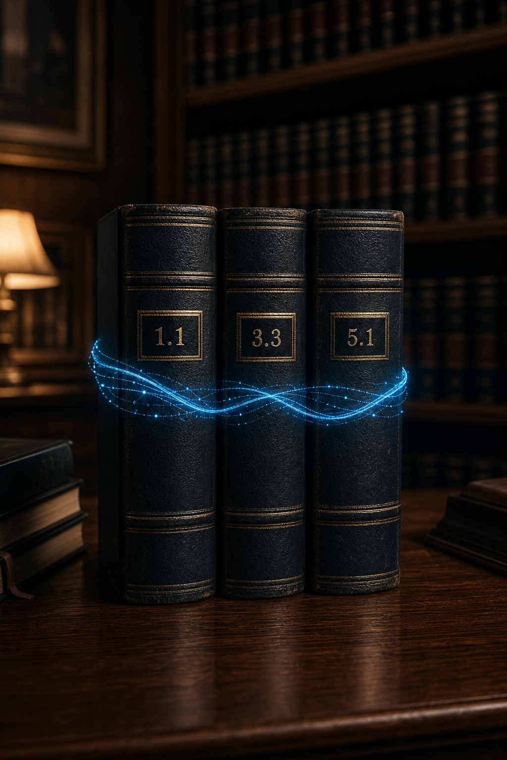 Three leather-bound law books with gold-embossed spine labels reading 1.1, 3.3, and 5.1, connected by a thin glowing digital-blue thread.