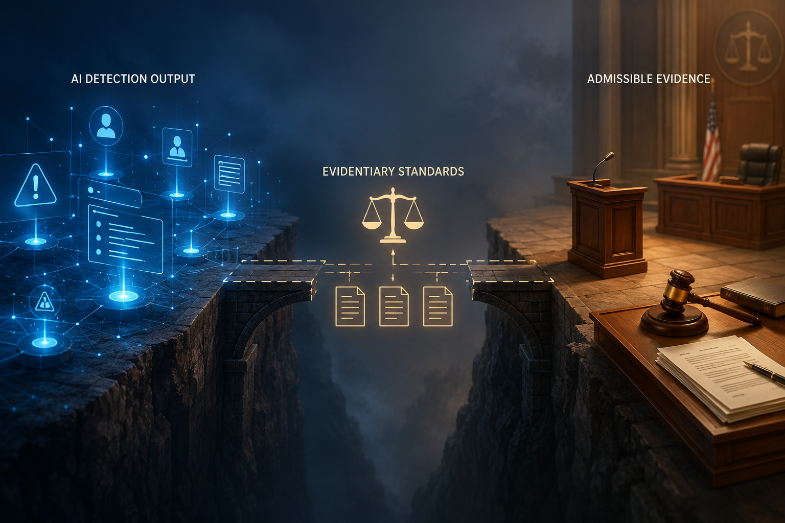 Pathway from operational detection output across evidentiary standards toward a courtroom with witness stand and gavel