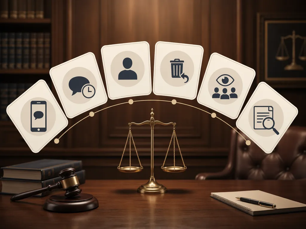 Six legal documentation factor cards showing smartphone, timing, speaker identity, deletion, audience reaction, and document review icons