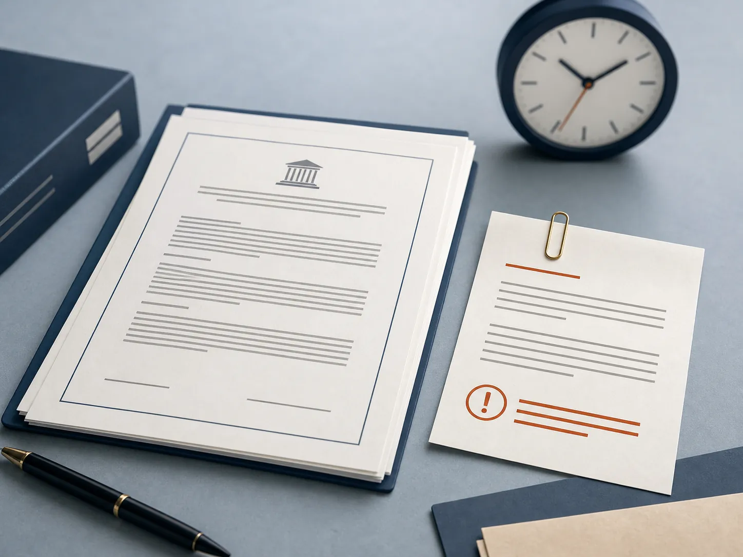 Official contract document next to a short internal instruction note and a blurred wall clock