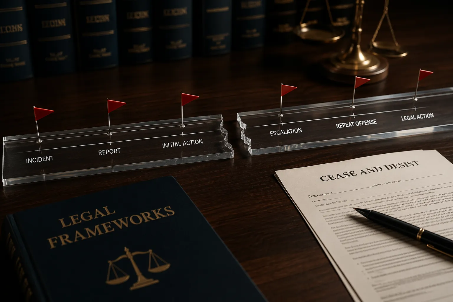 Dark law-office desk with a cracked legal timeline, red escalation flags, and a cease-and-desist document