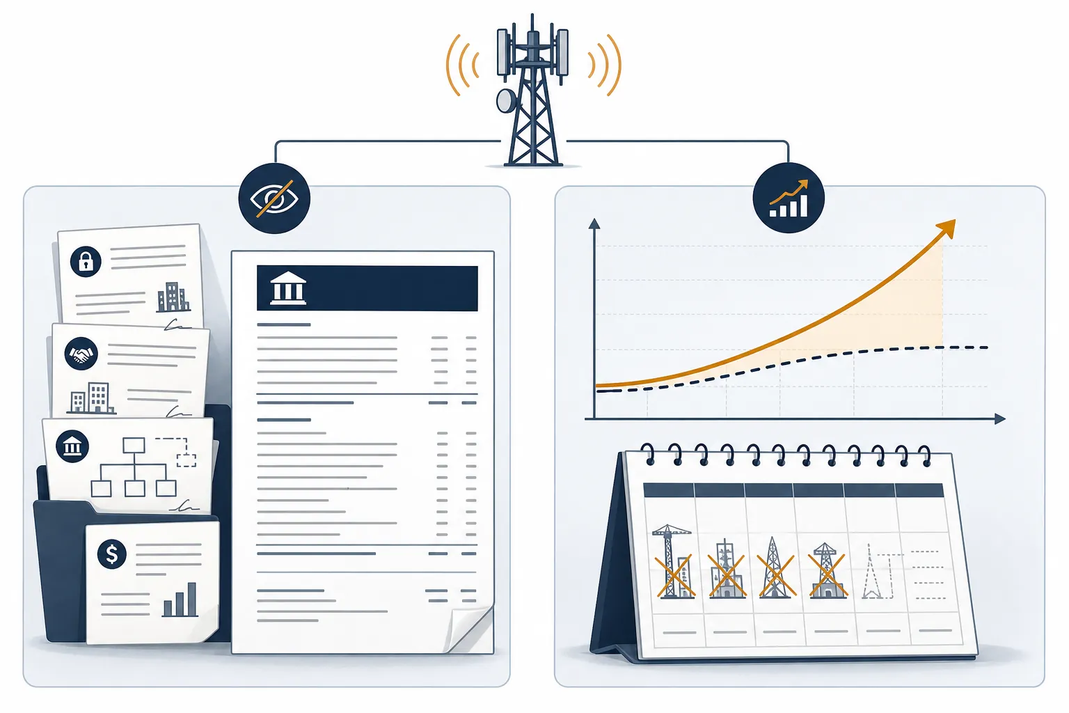 Two-column diagram showing concealed financing structures and overstated demand with delayed milestones connected by a 5G tower icon