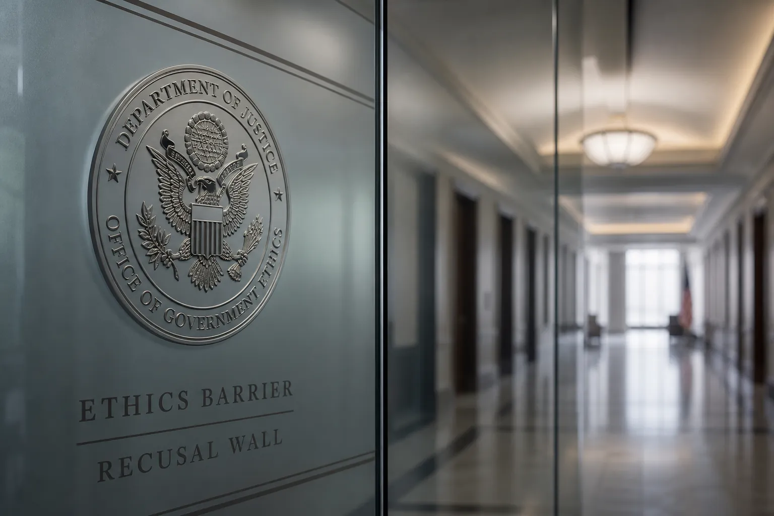 Glass partition wall in a government office symbolizing an institutional ethics wall