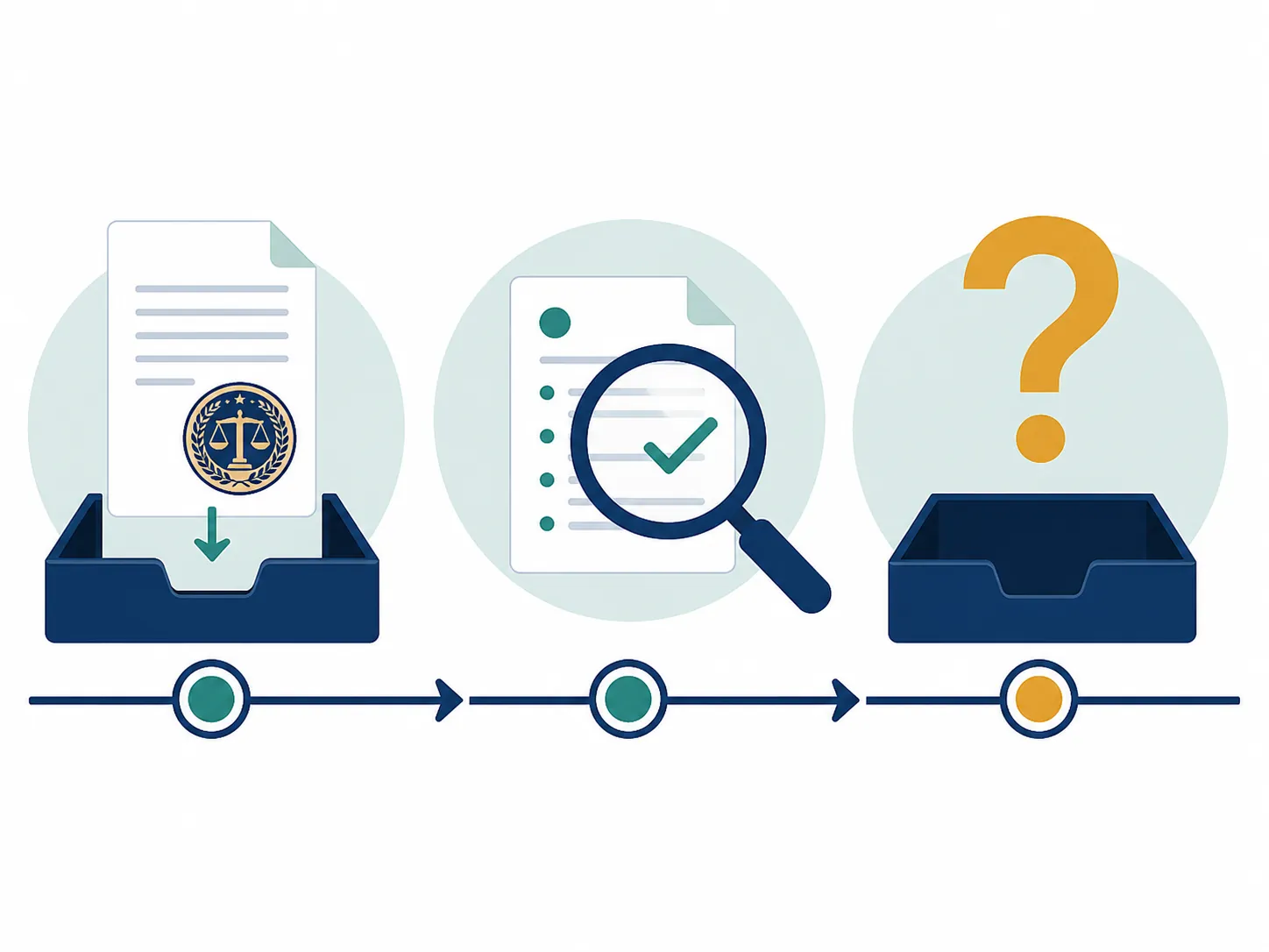 Editorial timeline showing a filed document, a verified docket sheet, and an empty outcome slot