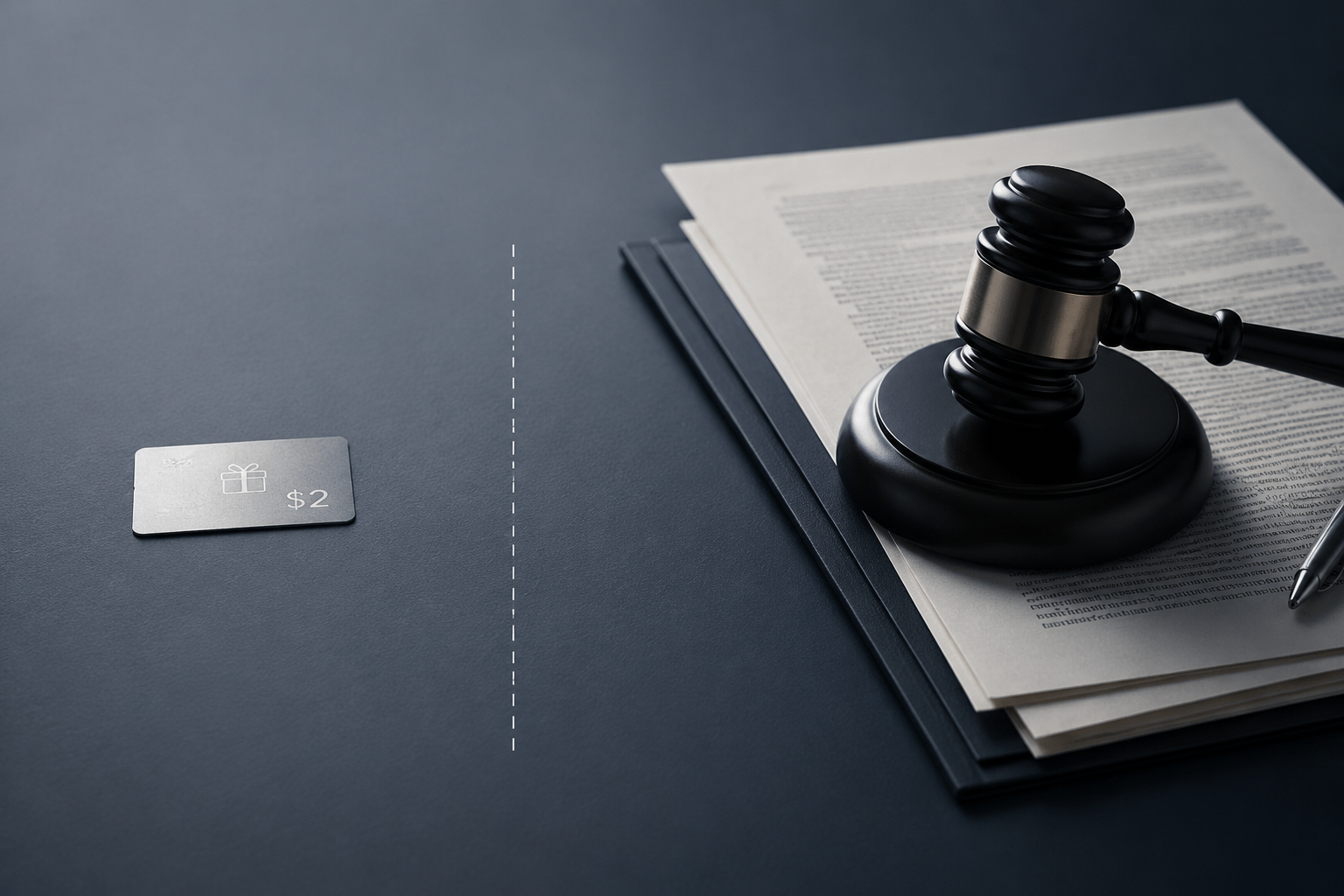 A small two-dollar coin separated from a legal gavel and documents