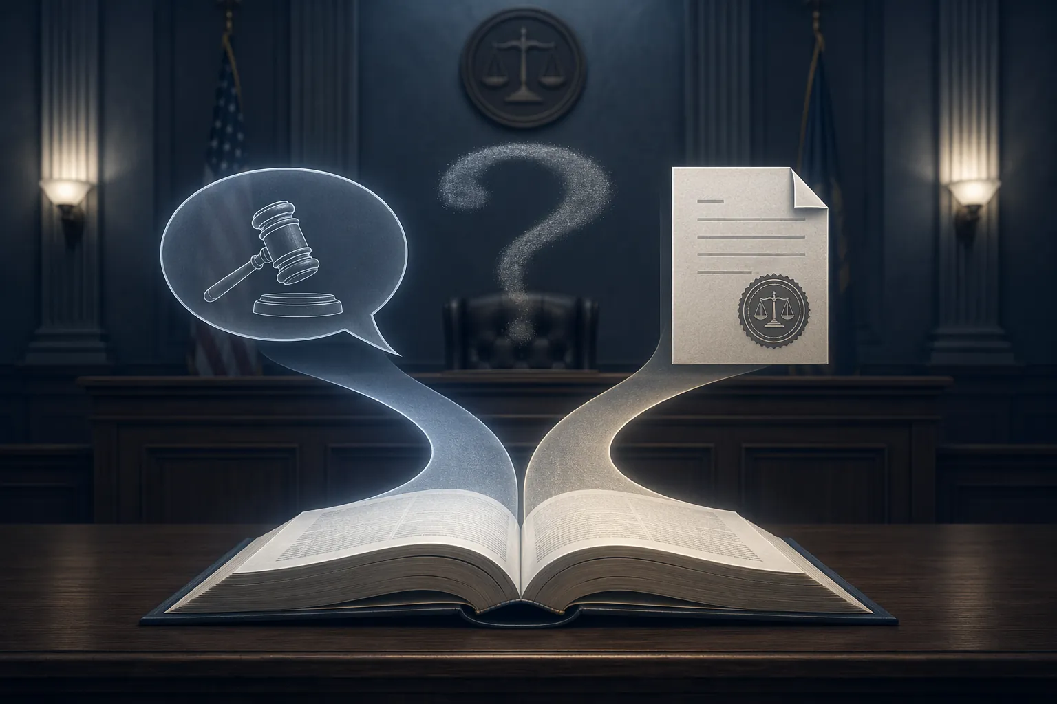 Courtroom bench with an open law book, a speech bubble, a judicial document, and a question mark linking oral and written orders
