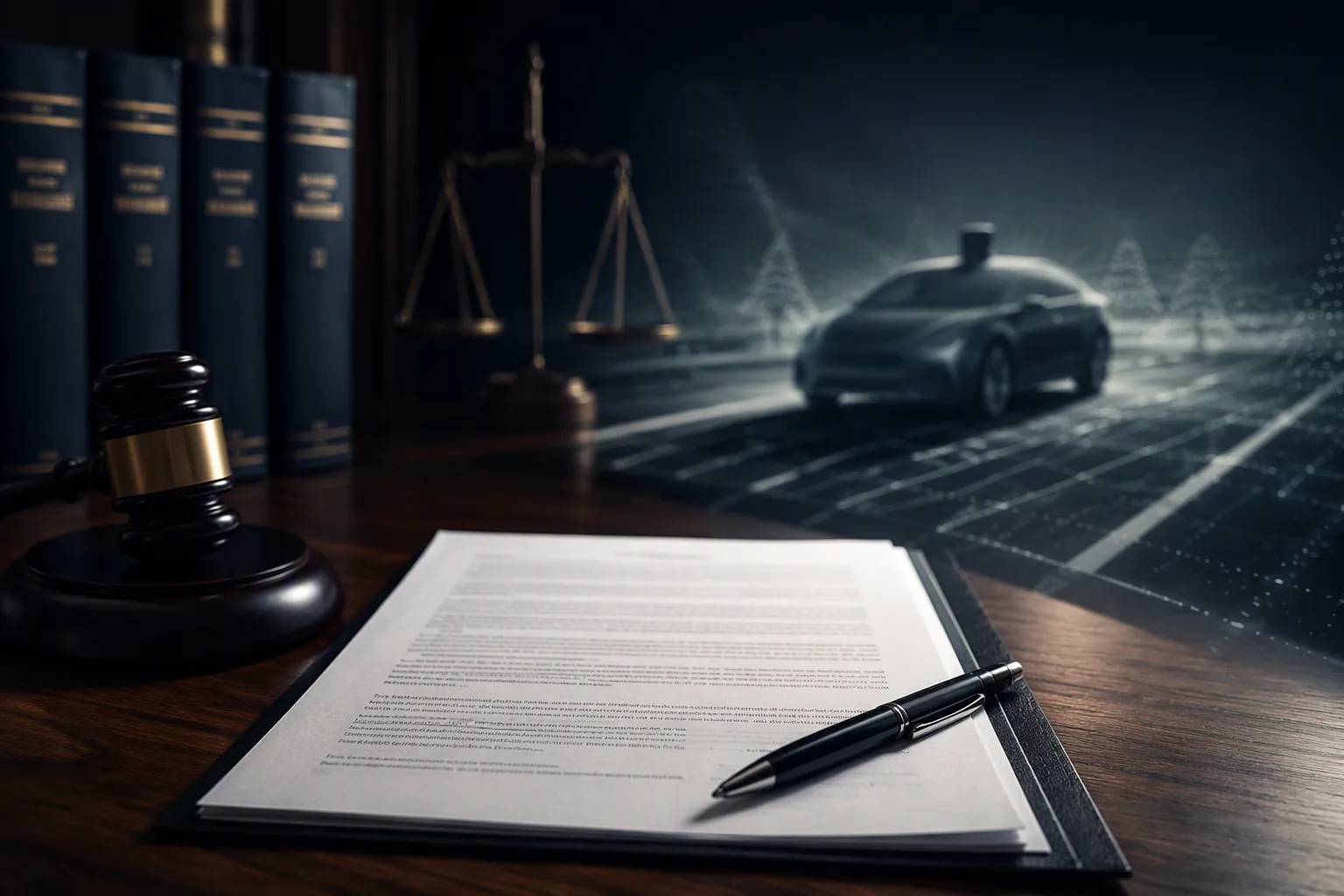 Legal complaint document and gavel with an abstract car silhouette in the background