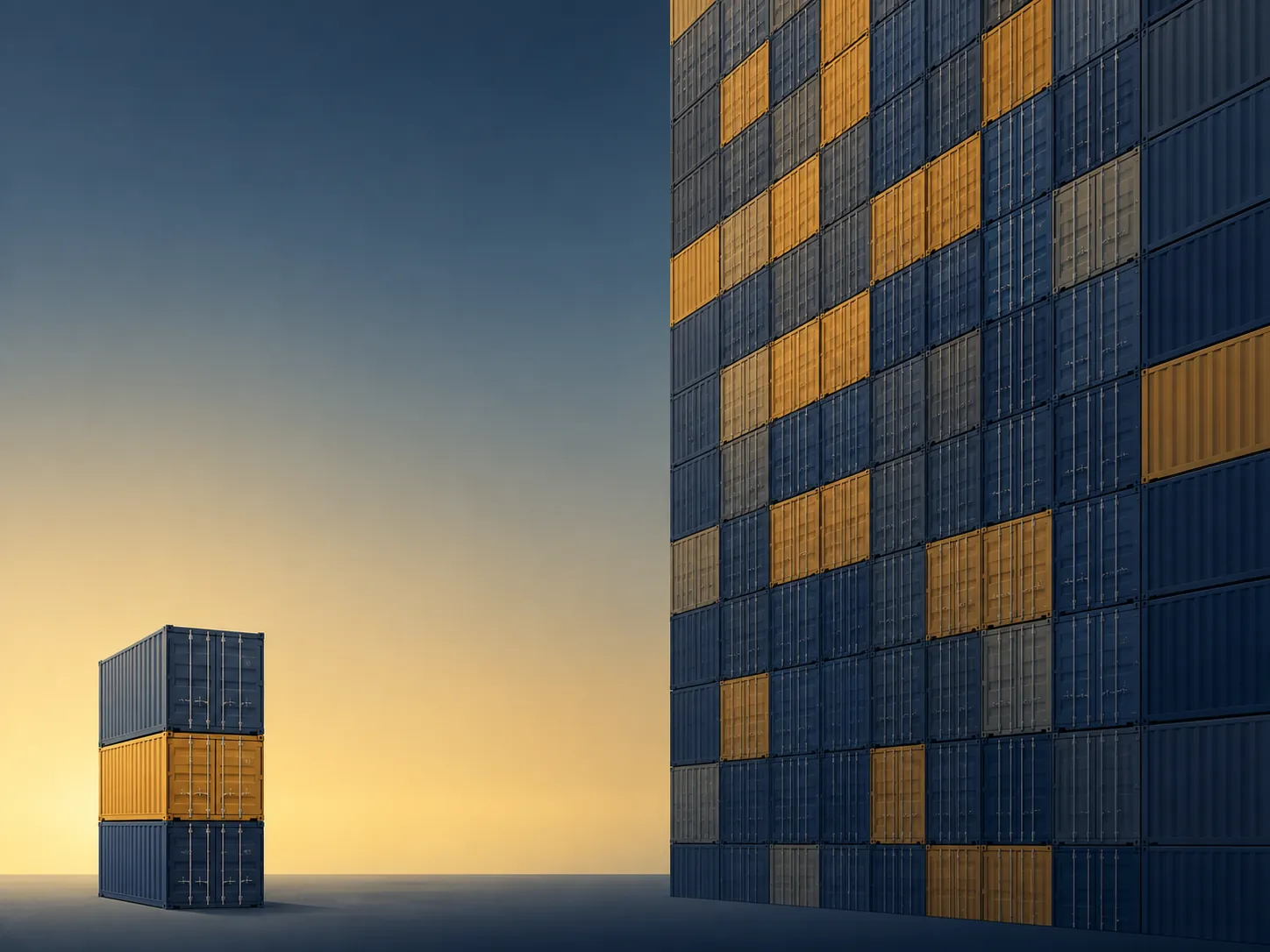 Illustration contrasting a small stack of shipping containers with a much larger tower of containers