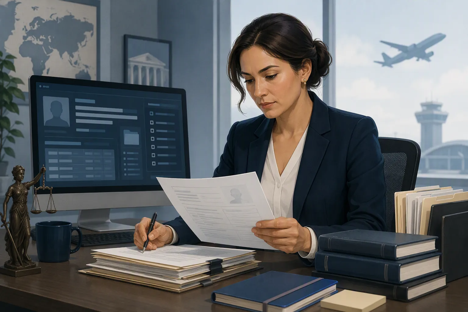 Immigration attorney reviewing legal documents and database records before a client travels