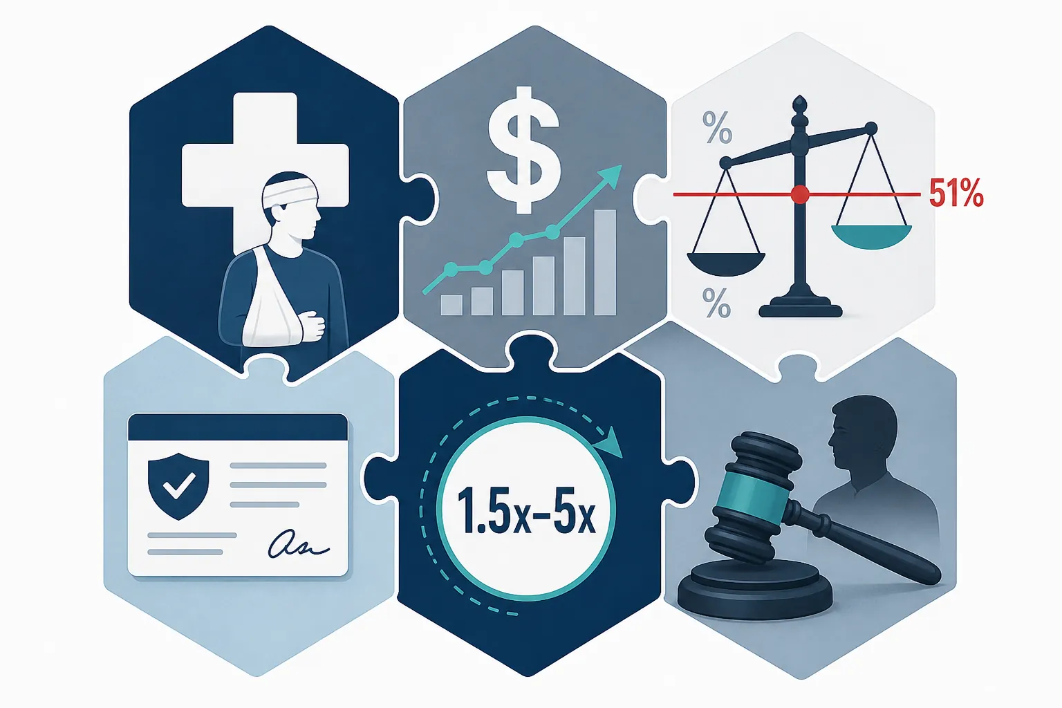 Six connected icons representing medical proof, economic loss, comparative fault, insurance coverage, pain-and-suffering multiplier, and liability evidence