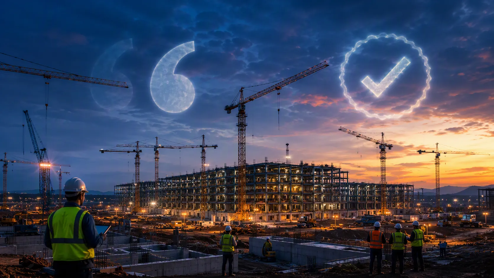 AI data center construction site with quotation marks and a verification checkmark