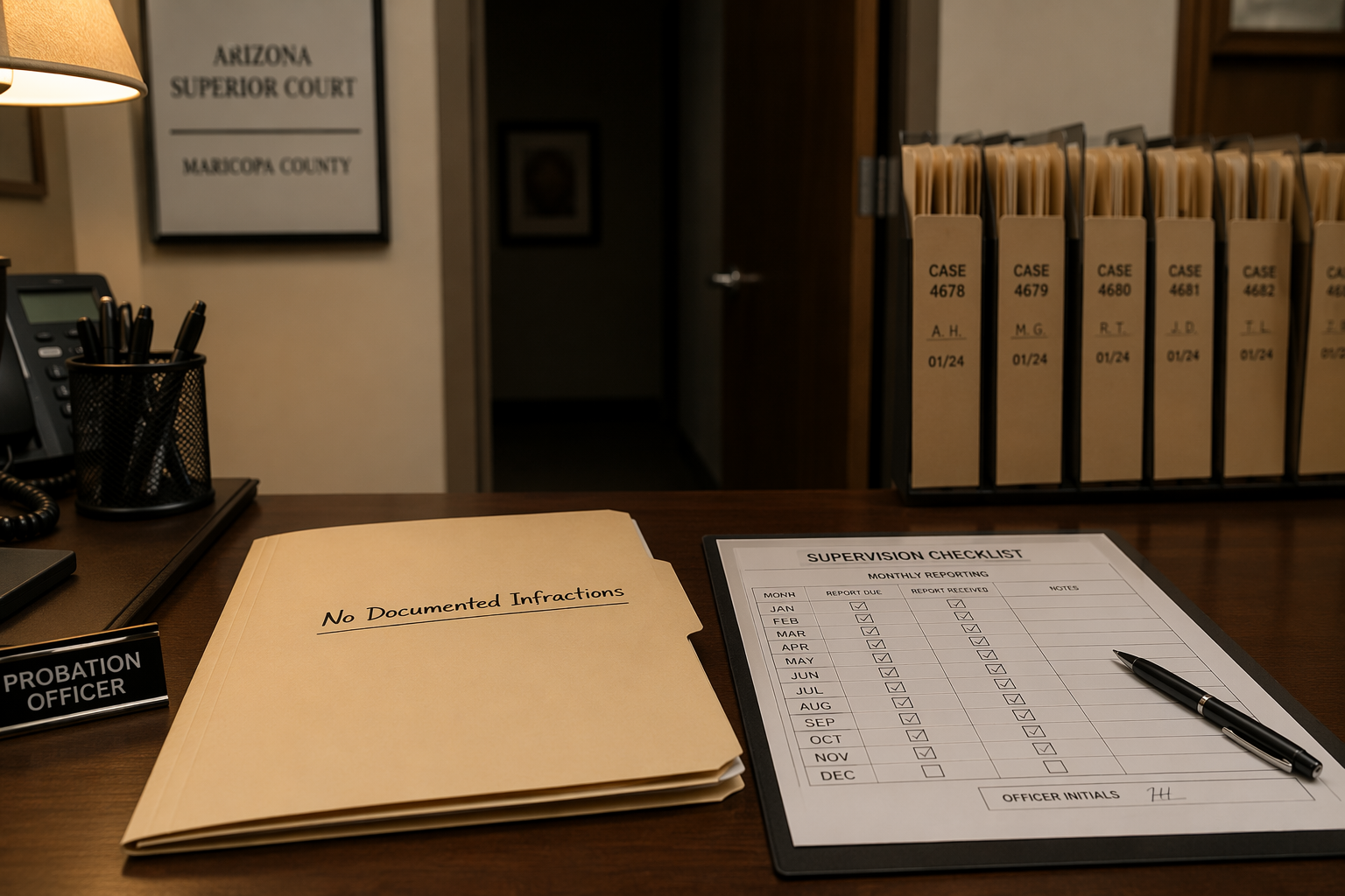 Probation officer desk with a file labeled No Documented Infractions beside a monthly reporting checklist