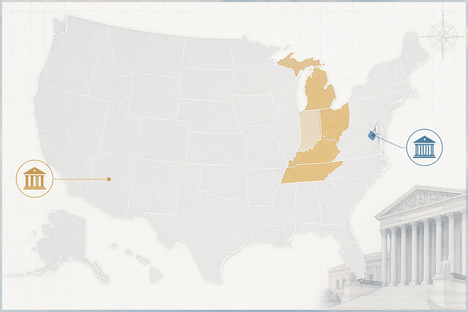 Map highlighting the Sixth Circuit and D.C. Circuit as conflicting jurisdictions