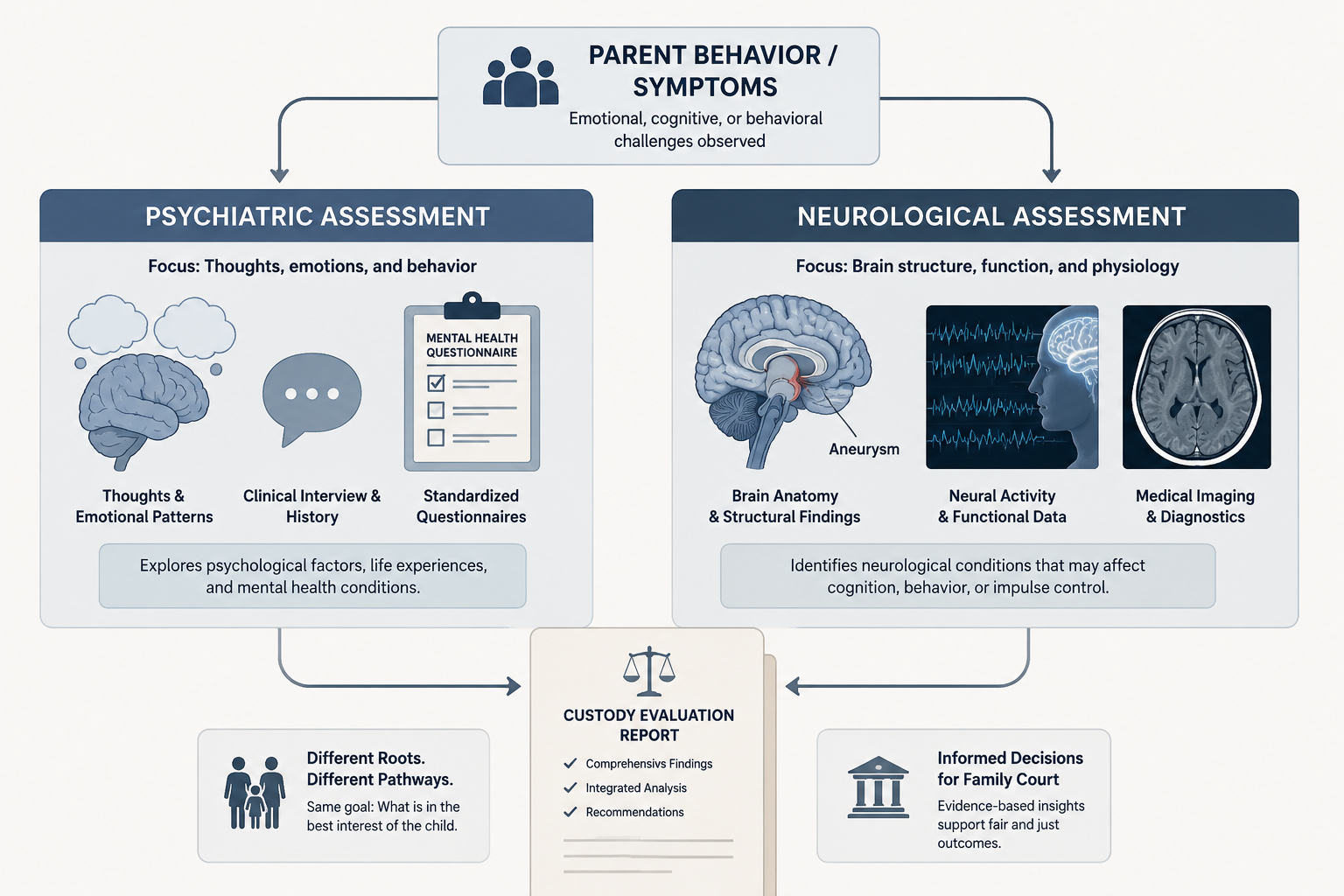 Side-by-side custody evaluation pathways comparing psychiatric assessment and neurological assessment converging on a family court document.