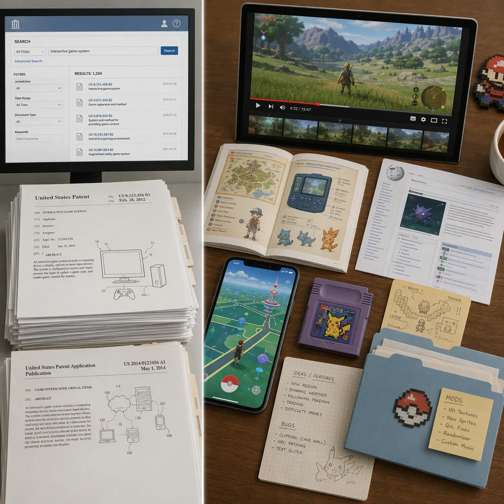 Patent database materials contrasted with gameplay videos, manuals, wiki pages, mobile game captures, fan-made game evidence, and mod folders