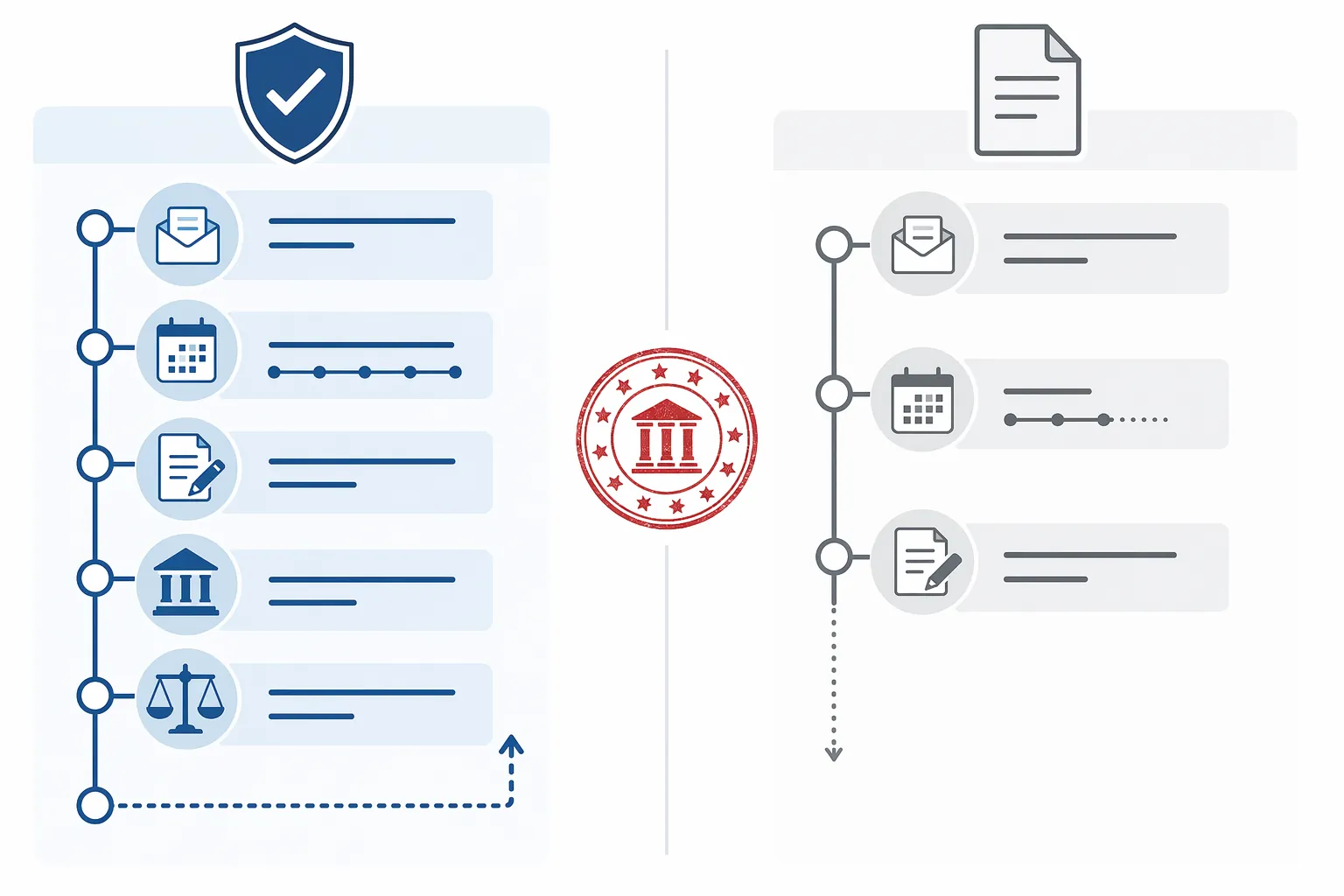 Side-by-side immigration fine procedure timeline comparing a multi-step process with a shortened process