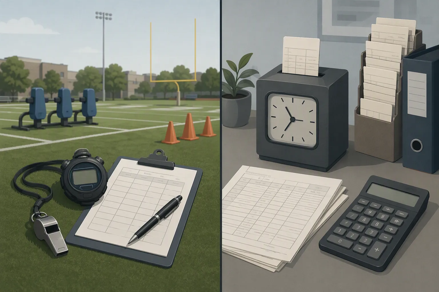 Practice-field stopwatch contrasted with payroll timesheets and punch clock