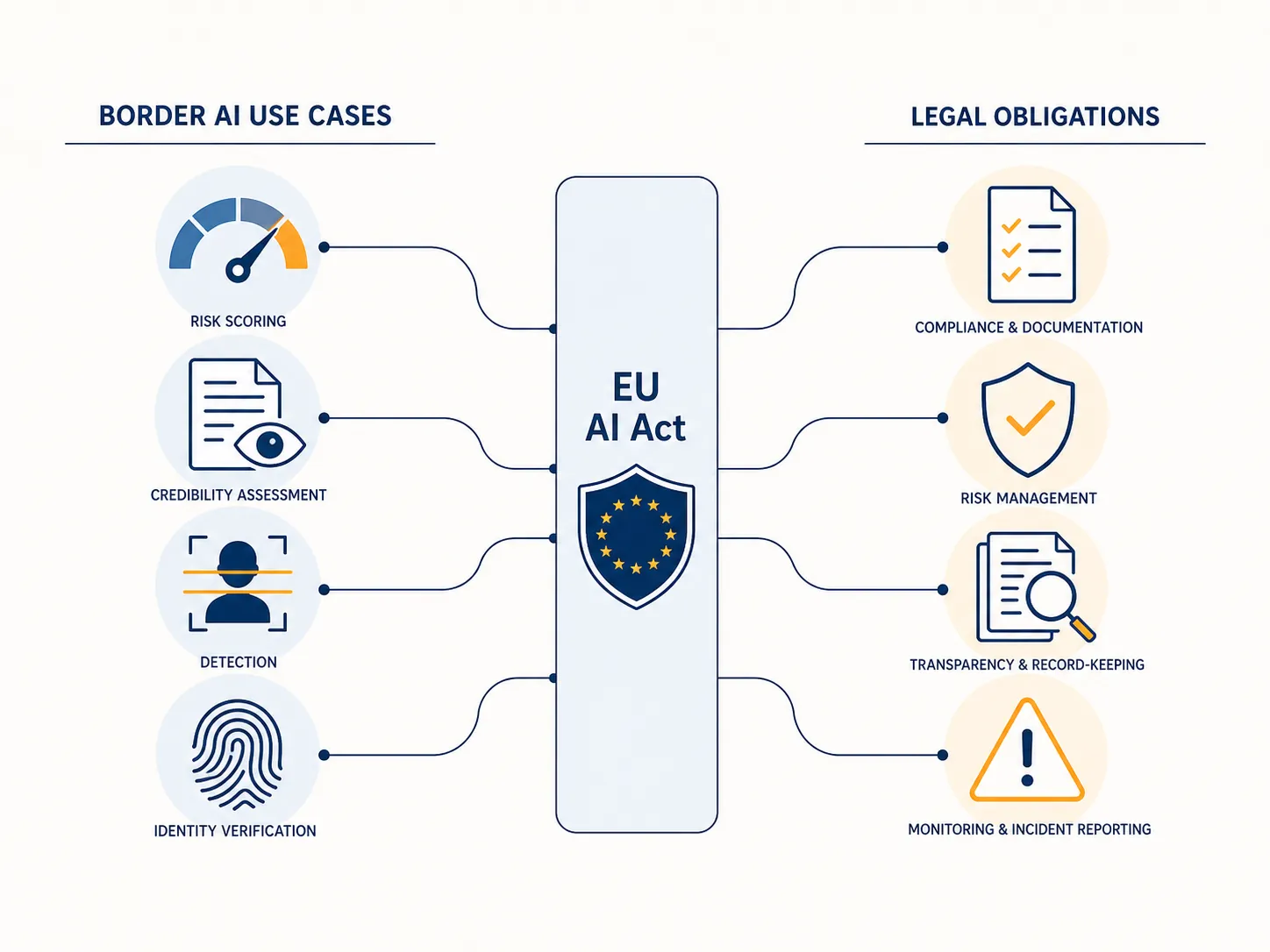 Diagram linking EU AI Act border AI use cases to legal obligations