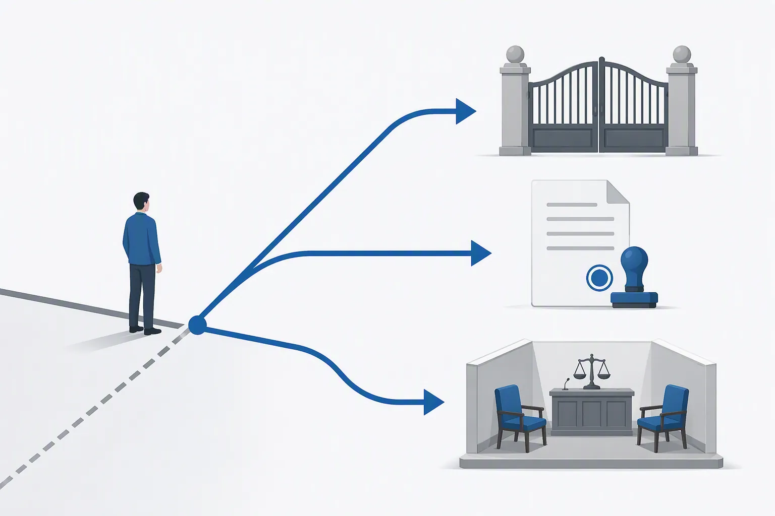 Minimal legal decision tree showing one person at a border point and three possible procedural outcomes