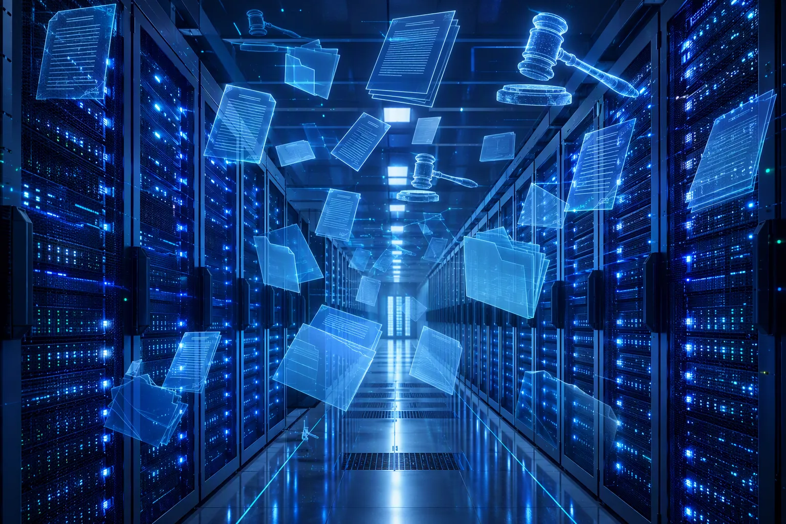 Data center corridor with legal documents and gavels over storage racks